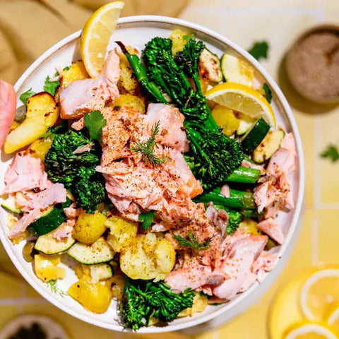 Zitronen-Kräuter-Lachs mit Spargel und knusprigen Kartoffeln - SHEKO Schweiz