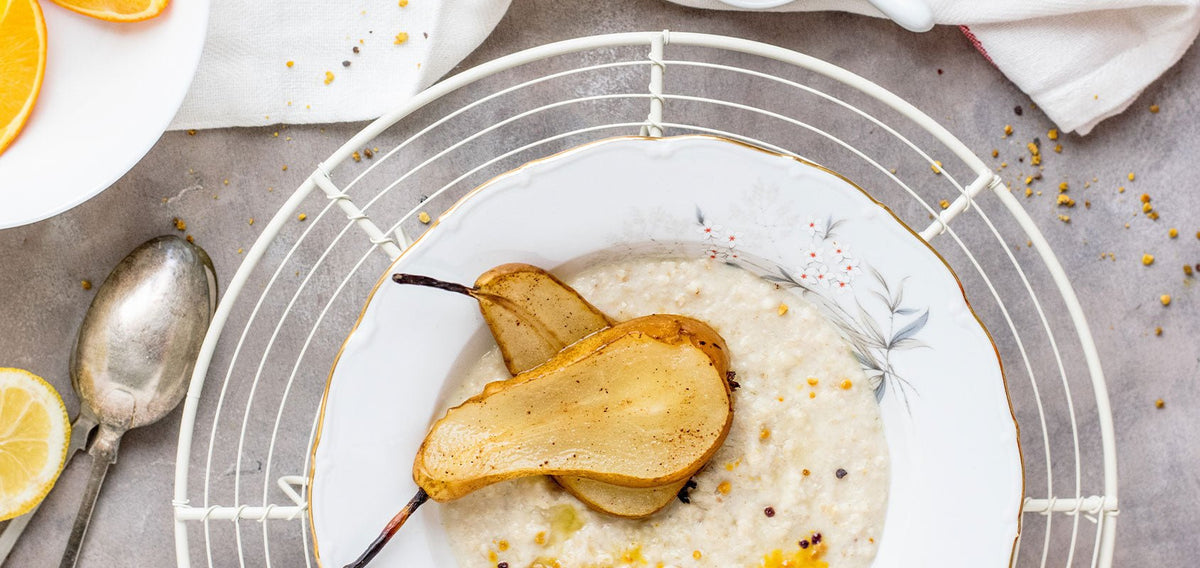 Protein-Milchreis mit karamellisierter Birne - SHEKO Schweiz